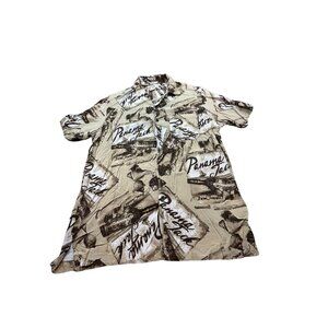 Panama Jack Mens Medium Rayon Tan Brown Button-Down Shirt Aloha Hawaiin